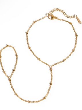 Gold Hand Chain Bracelet with Beaded Link Accents